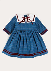 Moreton Check Mariner Collar Velvet Detail Dress in Blue (18mths-10yrs) Dresses from Pepa London US