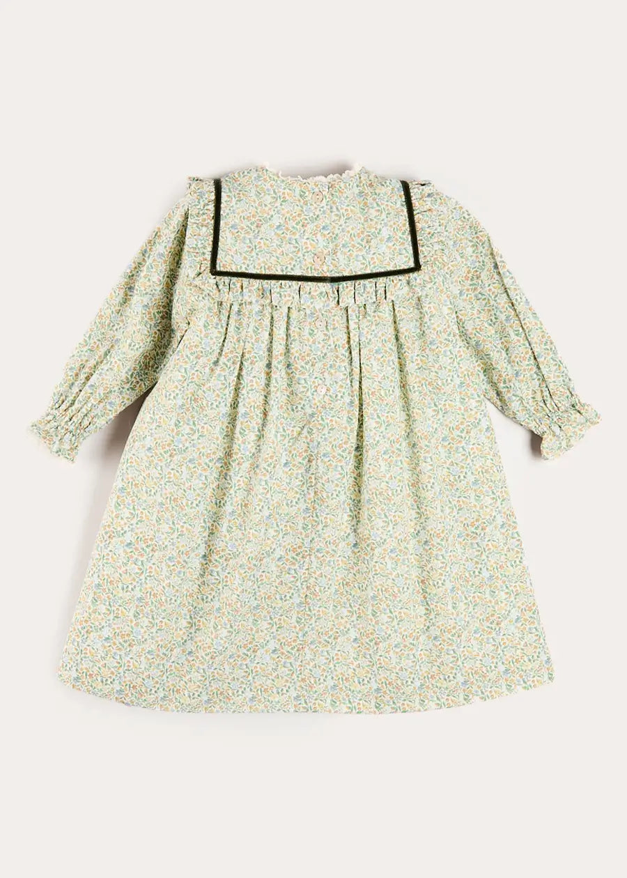 Adelaide Floral Velvet Bow Long Sleeve Trapeze Dress in Green (18mths-10yrs) Dresses from Pepa London US