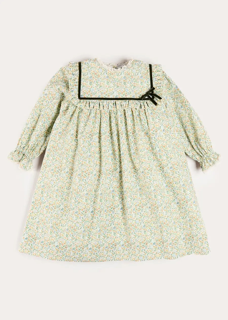 Adelaide Floral Velvet Bow Long Sleeve Trapeze Dress in Green (18mths-10yrs) Dresses from Pepa London US