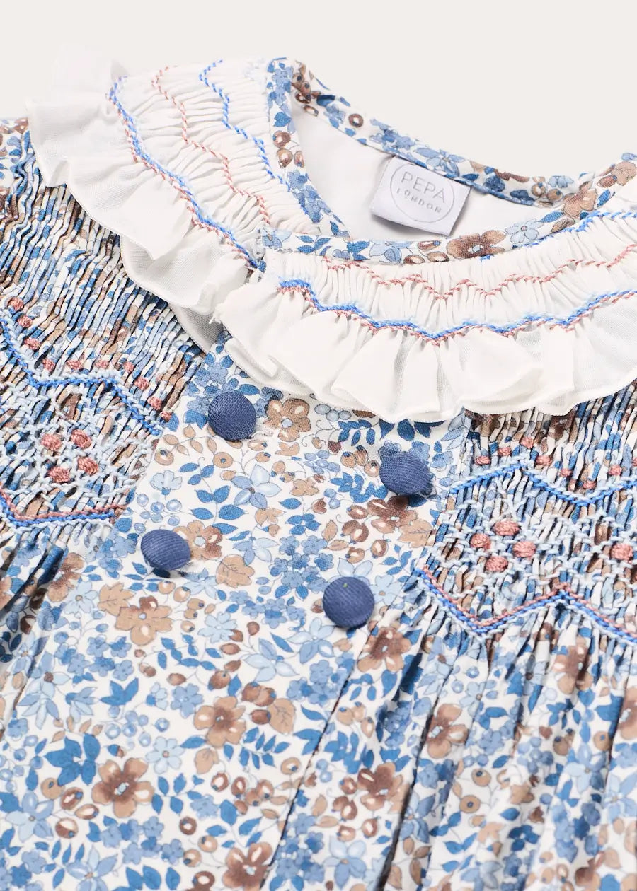 Beatrice Floral Hand Smocked Double Breasted Long Sleeve Dress in Blue (18mths-10yrs) Dresses from Pepa London US