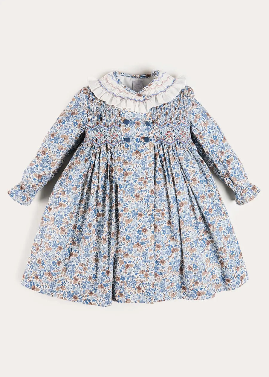 Beatrice Floral Hand Smocked Double Breasted Long Sleeve Dress in Blue (18mths-10yrs) Dresses from Pepa London US