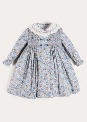 Beatrice Floral Hand Smocked Double Breasted Long Sleeve Dress in Blue (18mths-10yrs) Dresses from Pepa London US