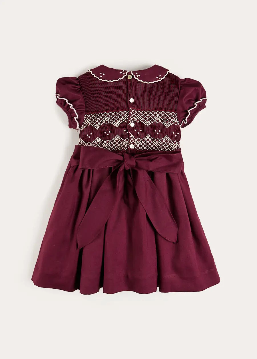 Hand Smocked Peter Pan Collar Short Sleeve Dress in Burgundy (12mths-10yrs) Dresses from Pepa London US