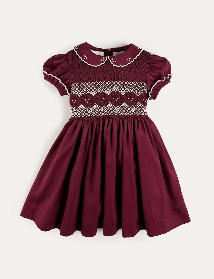 Hand Smocked Peter Pan Collar Short Sleeve Dress in Burgundy (12mths-10yrs) Dresses from Pepa London US