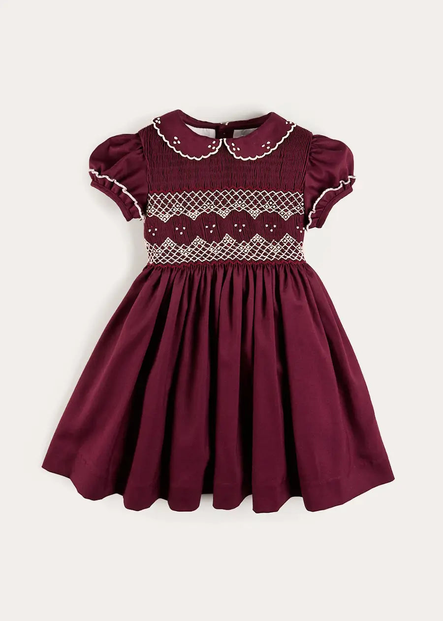Hand Smocked Peter Pan Collar Short Sleeve Dress in Burgundy (12mths-10yrs) Dresses from Pepa London US
