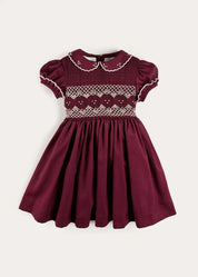 Hand Smocked Peter Pan Collar Short Sleeve Dress in Burgundy (12mths-10yrs) Dresses from Pepa London US