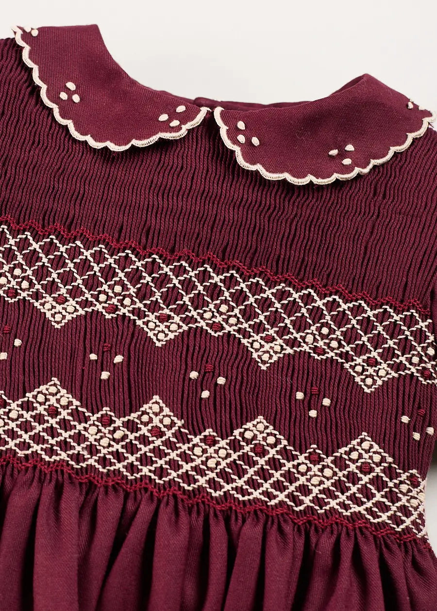 Hand Smocked Peter Pan Collar Short Sleeve Dress in Burgundy (12mths-10yrs) Dresses from Pepa London US