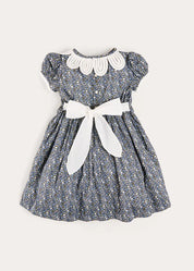 Lydia Floral Petal Collar Short Sleeve Bow Detail Dress in Blue (2-12yrs) Dresses from Pepa London US