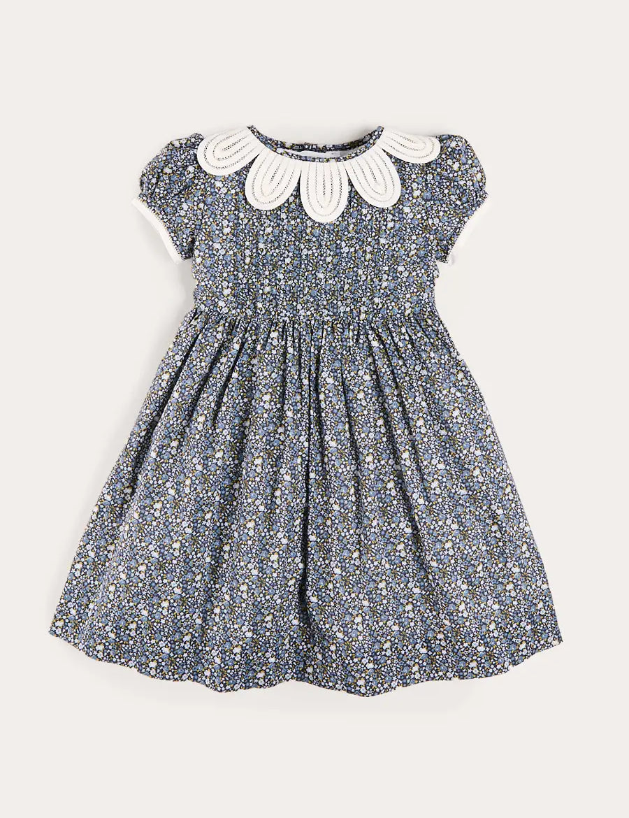 Lydia Floral Petal Collar Short Sleeve Bow Detail Dress in Blue (2-12yrs) Dresses from Pepa London US