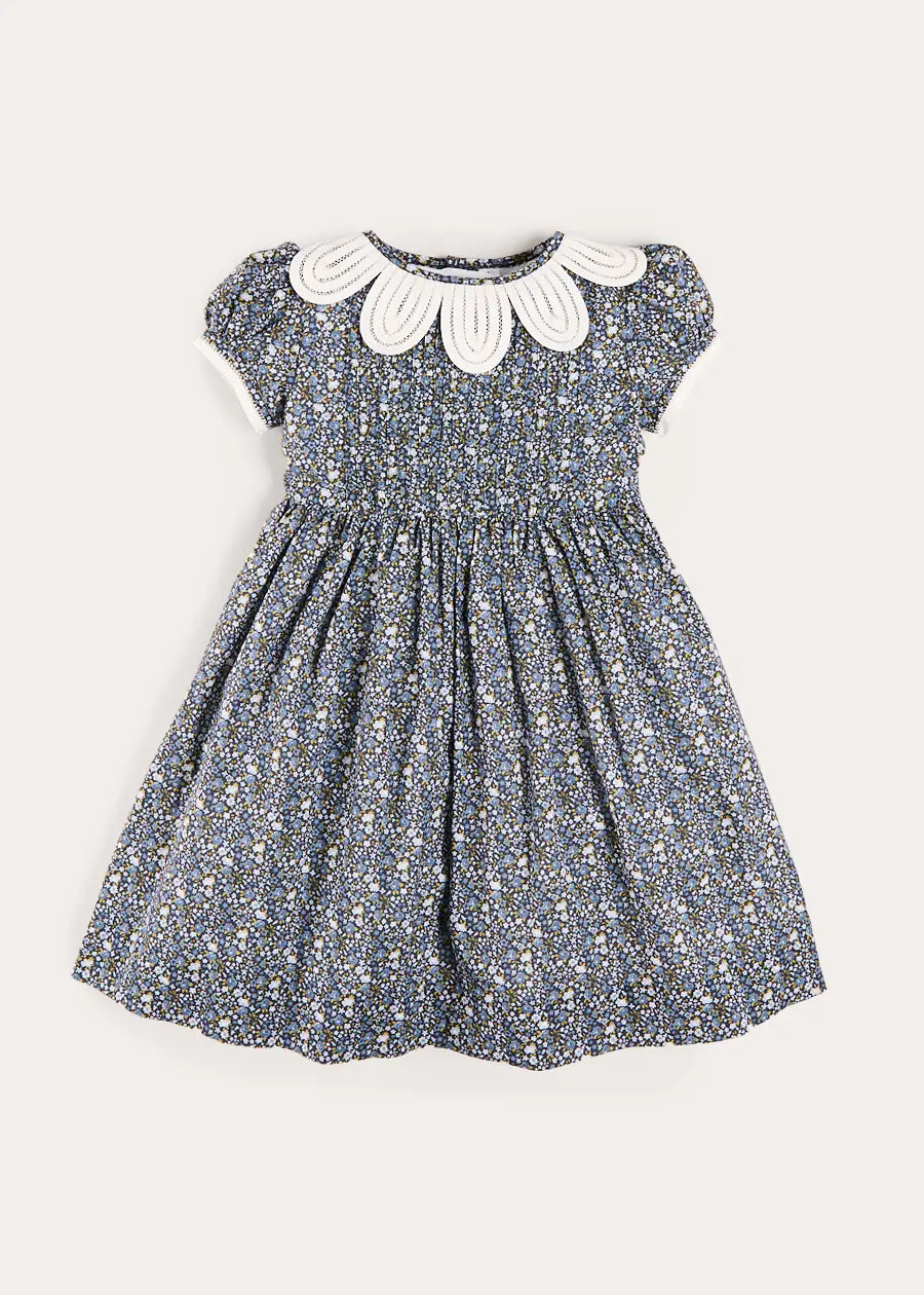 Lydia Floral Petal Collar Short Sleeve Bow Detail Dress in Blue (2-12yrs) Dresses from Pepa London US