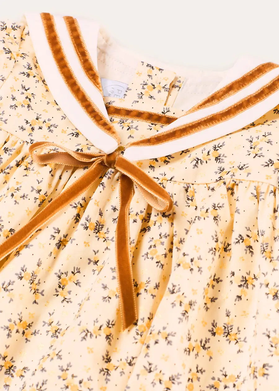Cora Floral Mariner Collar Velvet Trim Dress in Toffee (18mths-10yrs) Dresses from Pepa London US