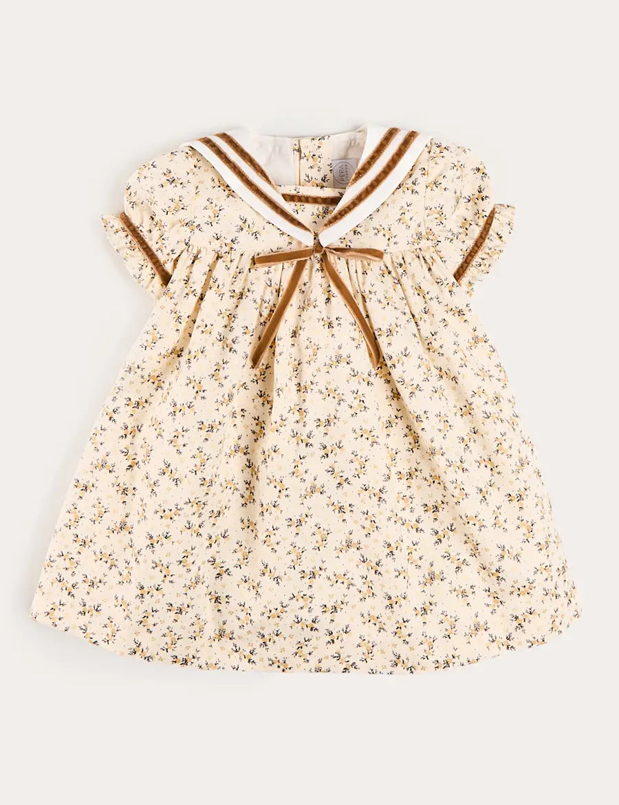 Cora Floral Mariner Collar Velvet Trim Dress in Toffee (18mths-10yrs) Dresses from Pepa London US
