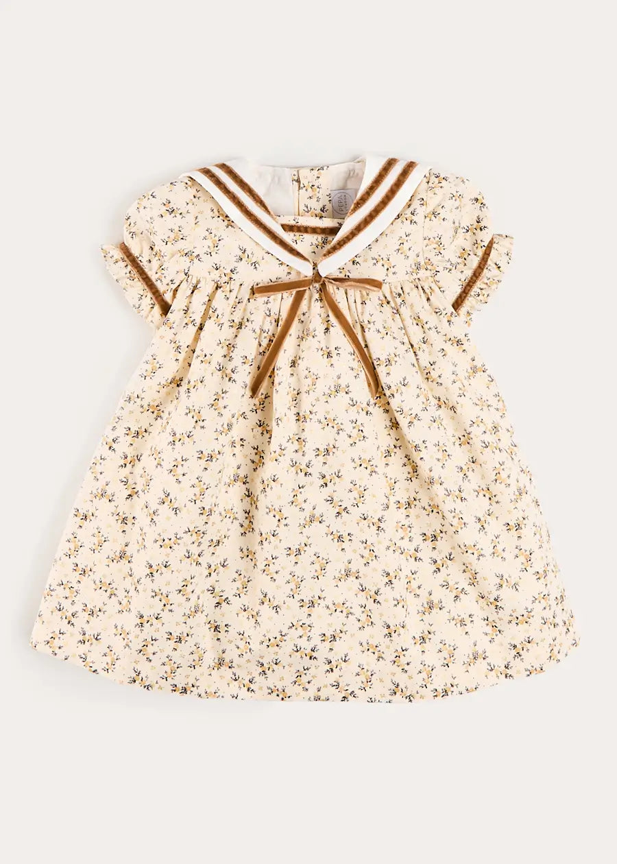 Cora Floral Mariner Collar Velvet Trim Dress in Toffee (18mths-10yrs) Dresses from Pepa London US