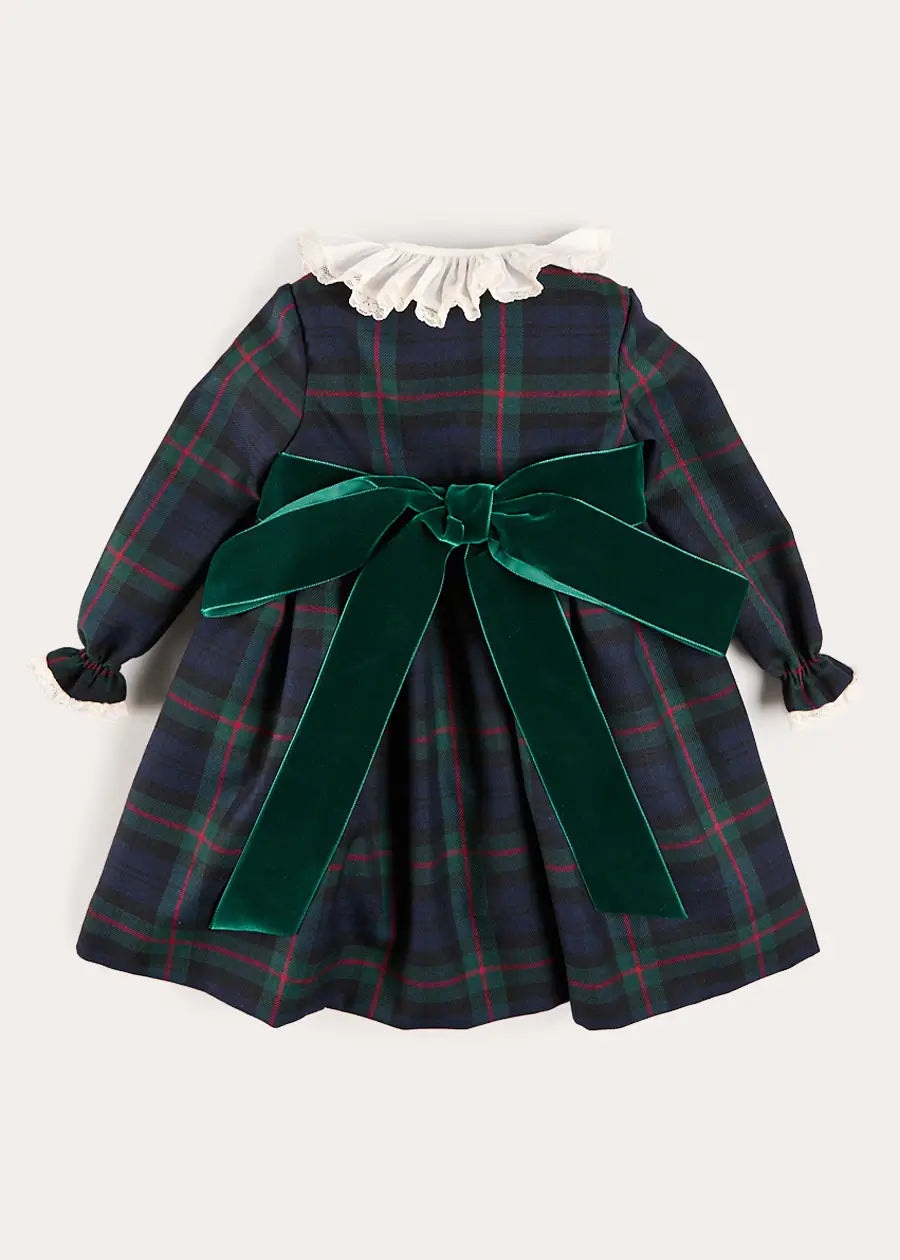 Kinnerton Tartan Double Breasted Velvet Bow Dress in Green (12mths-12yrs) Dresses from Pepa London US