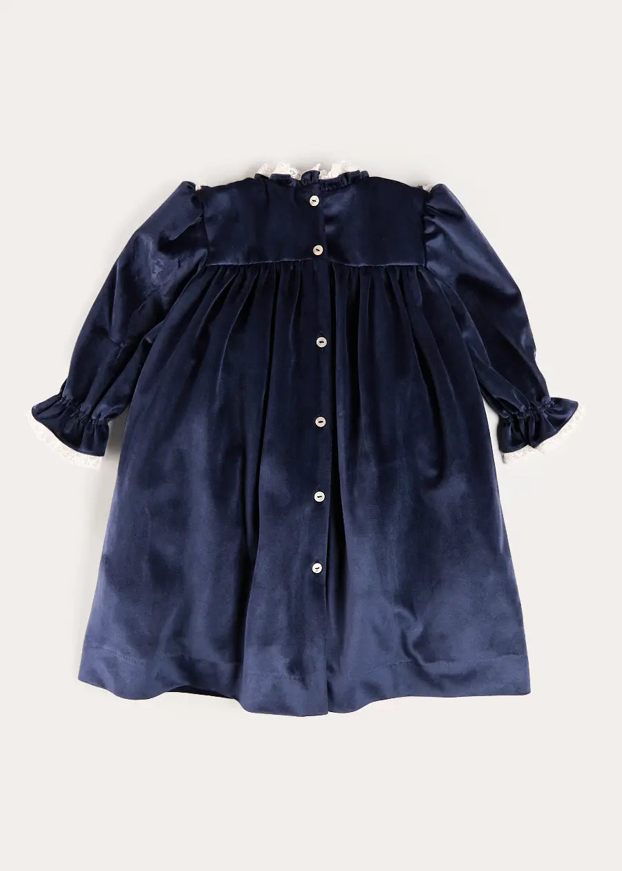 Velvet Hand Smocked Lace Detail Long Sleeve Dress in Navy (2-10yrs) Dresses from Pepa London US