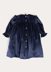 Velvet Hand Smocked Lace Detail Long Sleeve Dress in Navy (2-10yrs) Dresses from Pepa London US