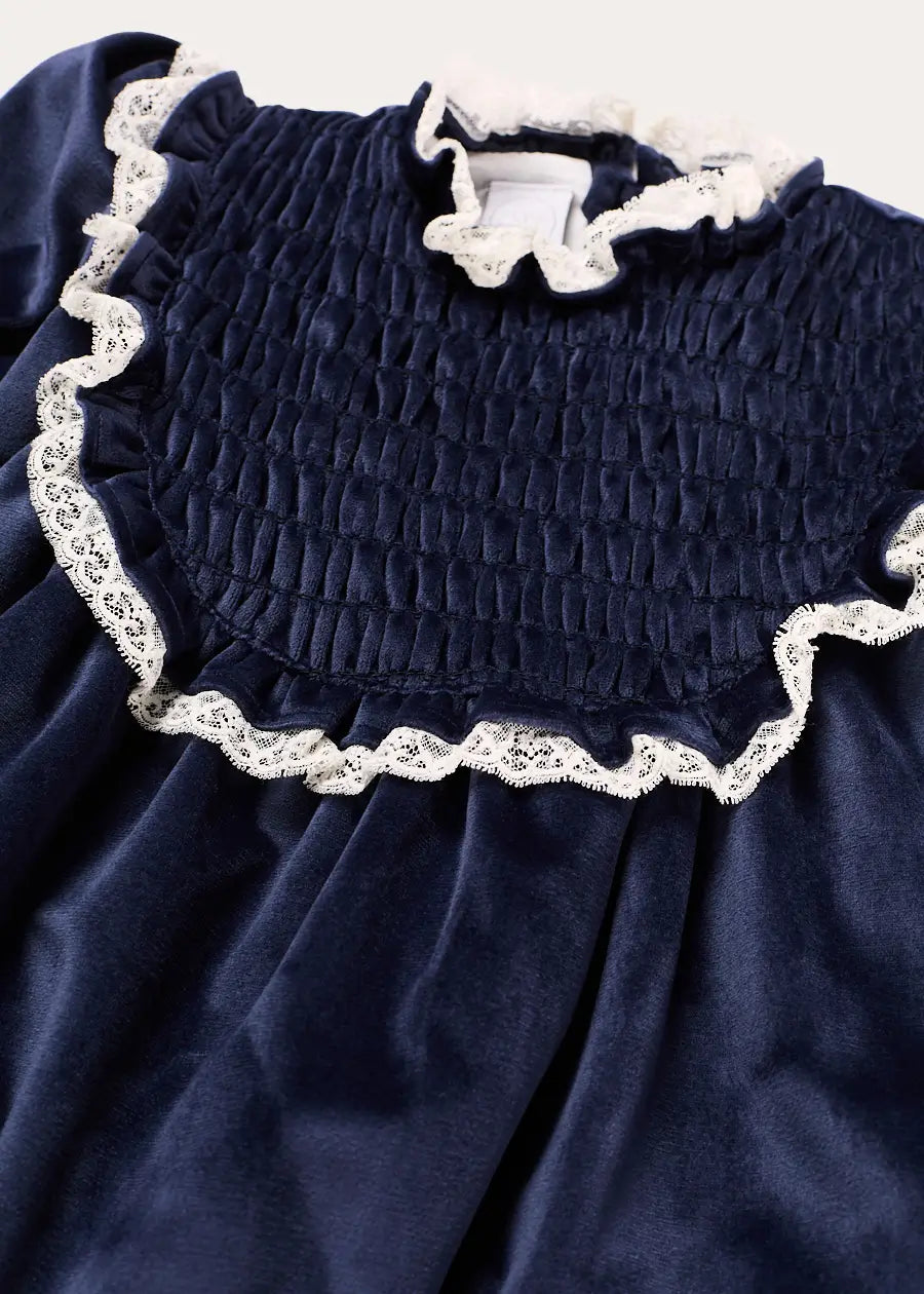 Velvet Hand Smocked Lace Detail Long Sleeve Dress in Navy (2-10yrs) Dresses from Pepa London US