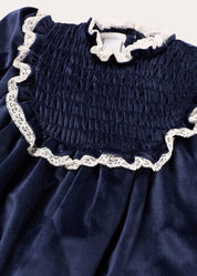 Velvet Hand Smocked Lace Detail Long Sleeve Dress in Navy (2-10yrs) Dresses from Pepa London US