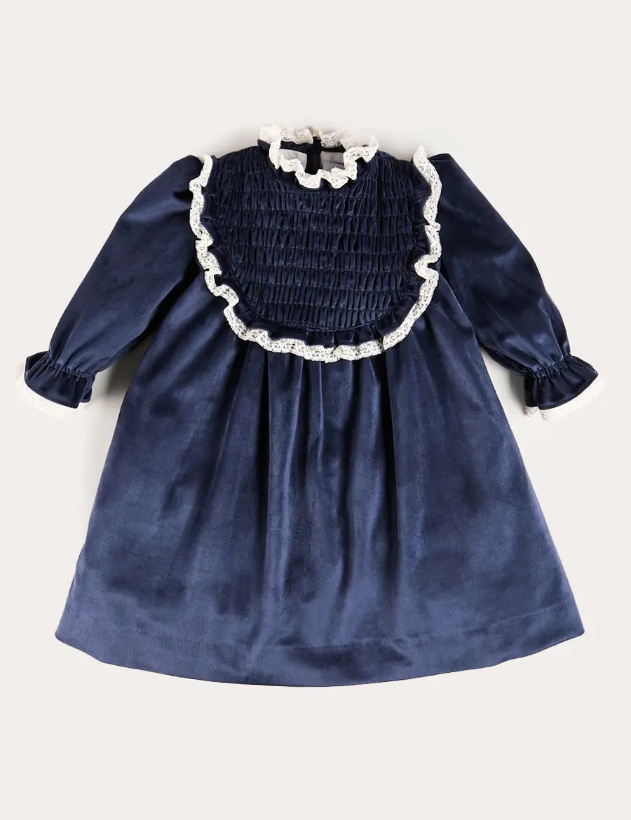 Velvet Hand Smocked Lace Detail Long Sleeve Dress in Navy (2-10yrs) Dresses from Pepa London US
