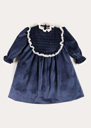 Velvet Hand Smocked Lace Detail Long Sleeve Dress in Navy (2-10yrs) Dresses from Pepa London US