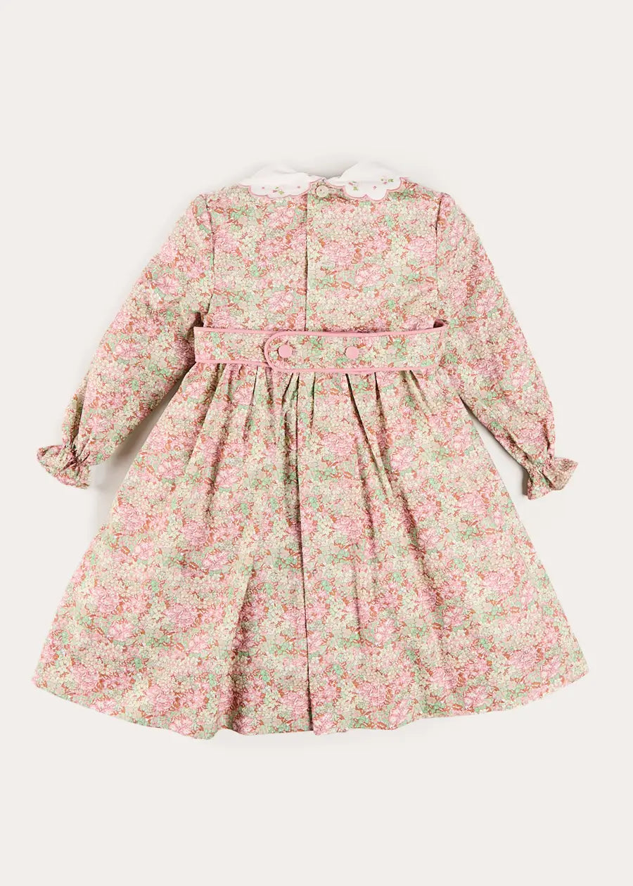 Viola Floral Hand Smocked Double Breasted Embroidered Collar Dress in Green (12mths-10yrs) Dresses from Pepa London US