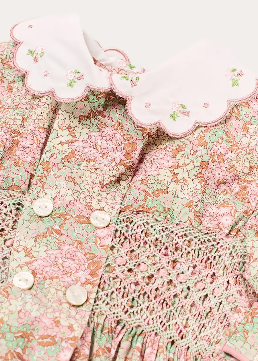 Viola Floral Hand Smocked Double Breasted Embroidered Collar Dress in Green (12mths-10yrs) Dresses from Pepa London US