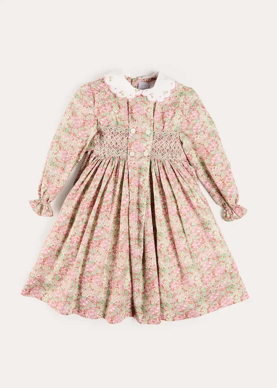 Viola Floral Hand Smocked Double Breasted Embroidered Collar Dress in Green (12mths-10yrs) Dresses from Pepa London US