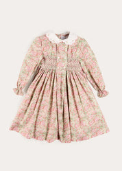 Viola Floral Hand Smocked Double Breasted Embroidered Collar Dress in Green (12mths-10yrs) Dresses from Pepa London US