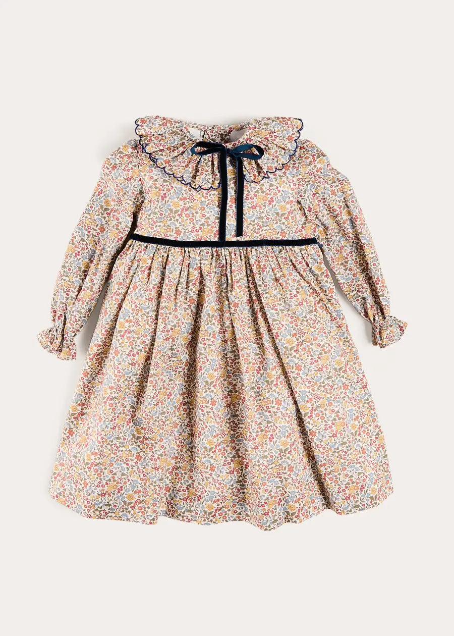 Marianne Floral Long Sleeve Velvet Bow Dress in Toffee Made with Liberty Fabric (2-12yrs) Dresses from Pepa London US