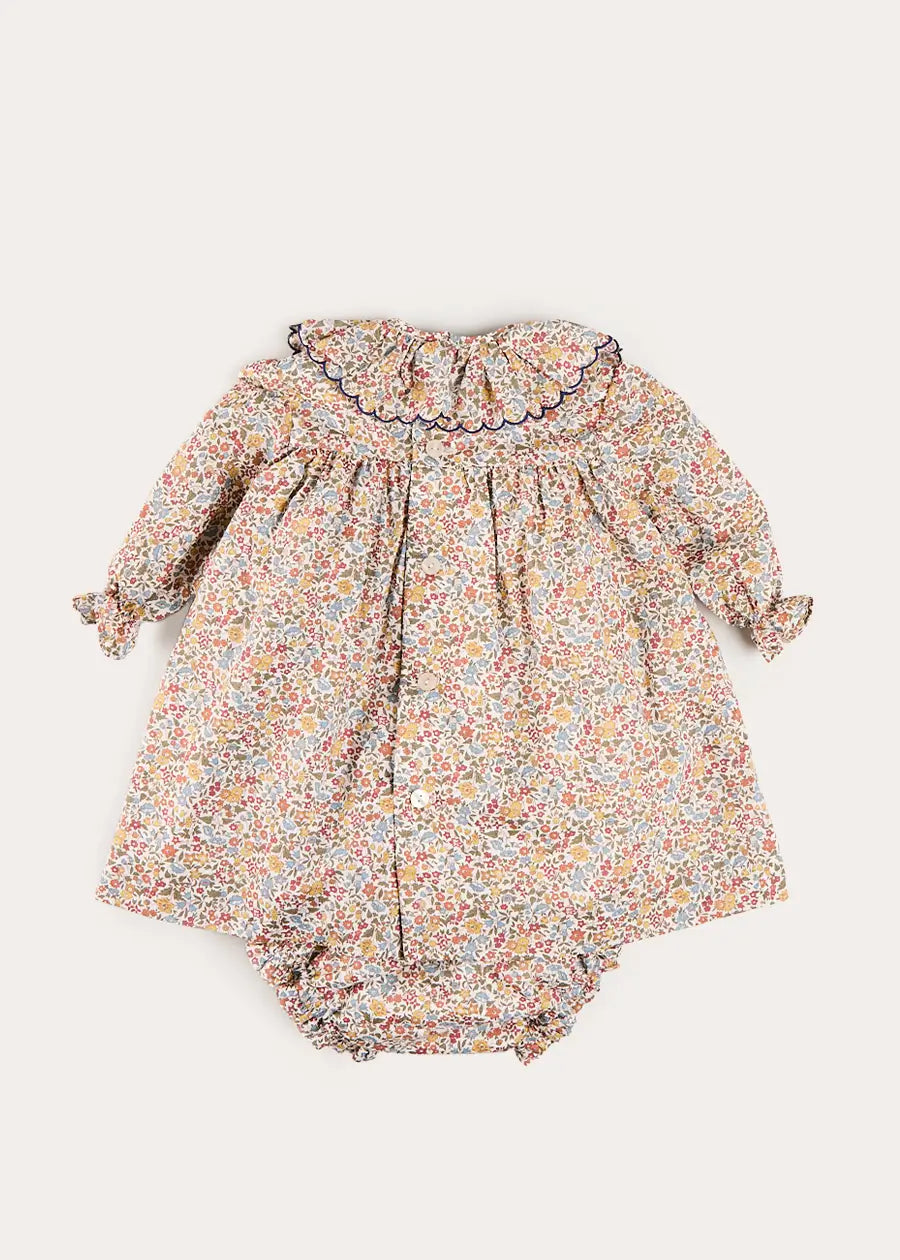 Marianne Floral Long Sleeve Dress with Bloomers in Toffee Made with Liberty Fabric (3mths-3yrs) Dresses from Pepa London US