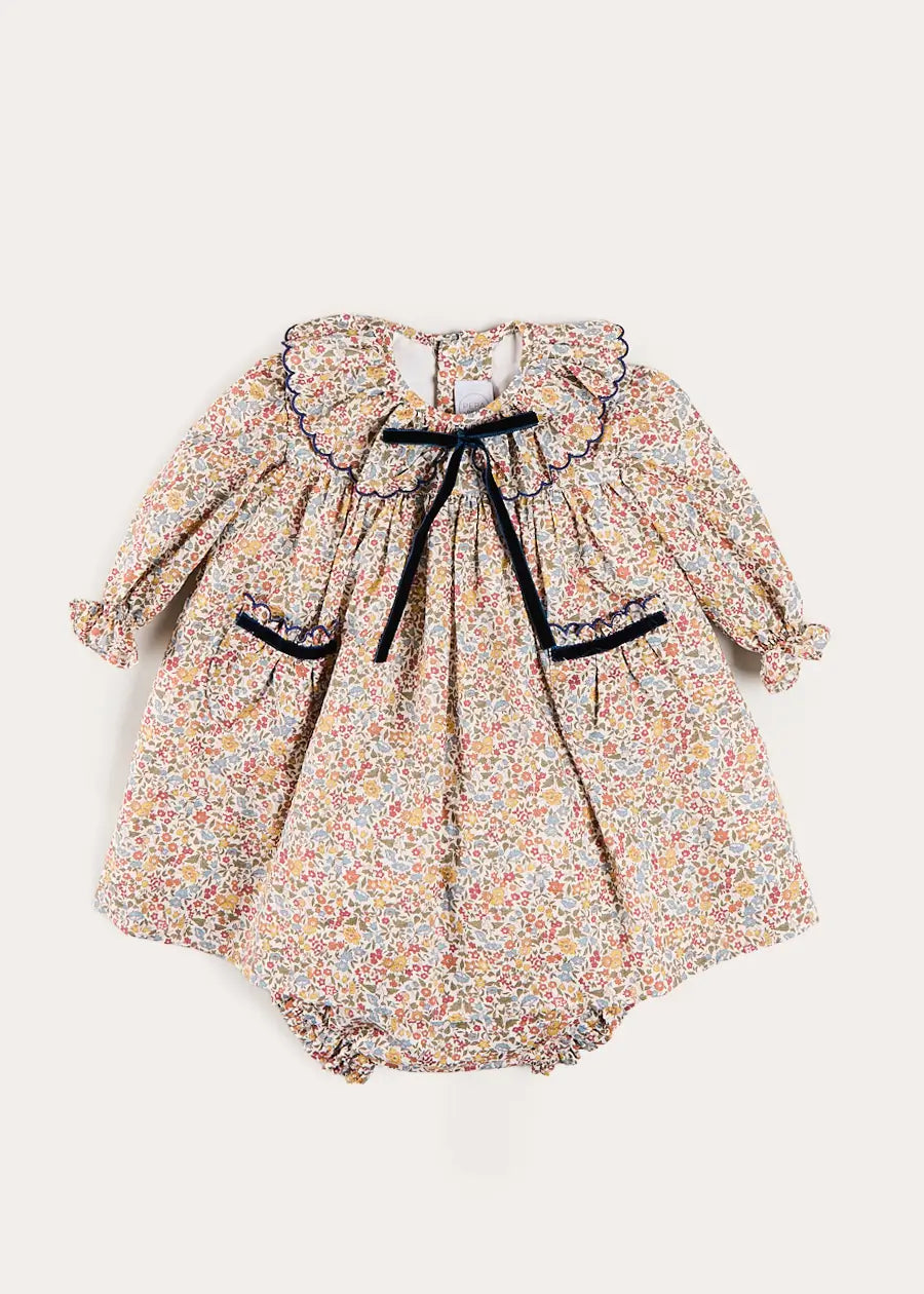 Marianne Floral Long Sleeve Dress with Bloomers in Toffee Made with Liberty Fabric (3mths-3yrs) Dresses from Pepa London US