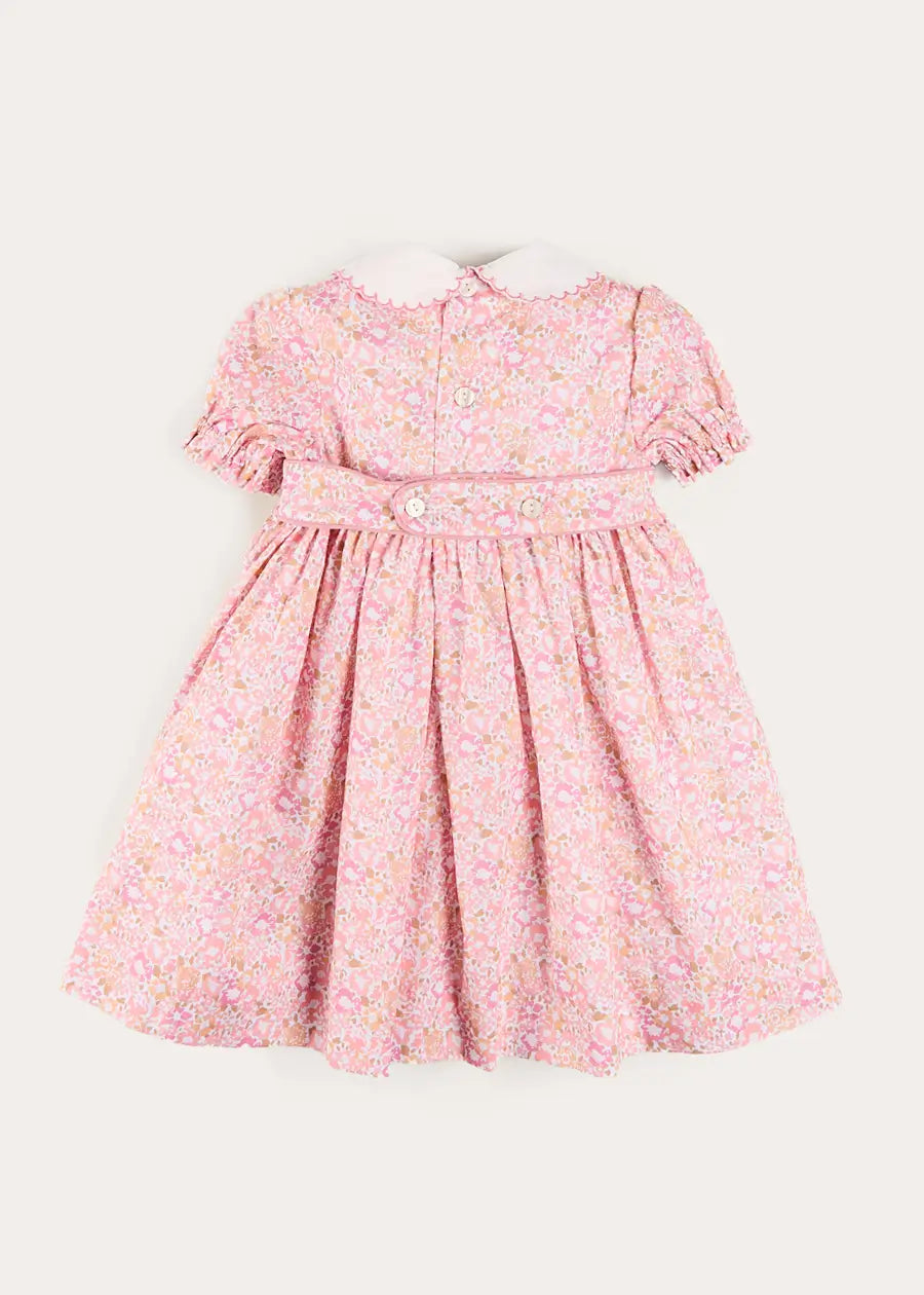 Nellie Floral Hand Smocked Embroidered Peter Pan Collar Dress in Pink (12mths-10yrs) Dresses from Pepa London US