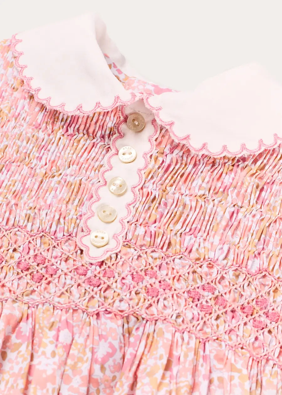 Nellie Floral Hand Smocked Embroidered Peter Pan Collar Dress in Pink (12mths-10yrs) Dresses from Pepa London US