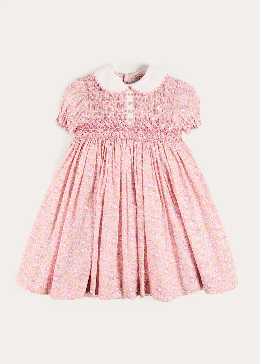 Nellie Floral Hand Smocked Embroidered Peter Pan Collar Dress in Pink (12mths-10yrs) Dresses from Pepa London US