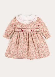 Evelyn Floral Hand Smocked Embroidered Collar Long Sleeve Dress in Pink (12mths-10yrs) Dresses from Pepa London US