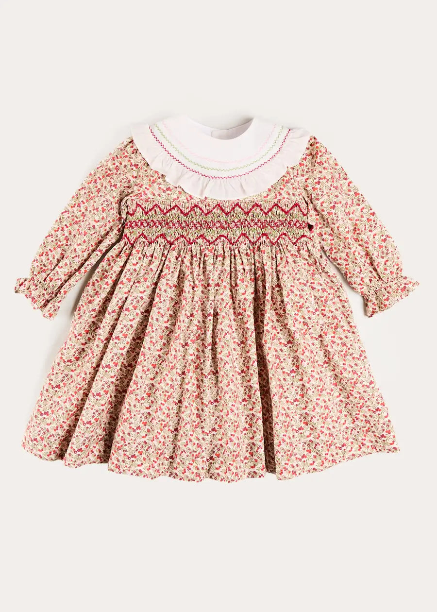Evelyn Floral Hand Smocked Embroidered Collar Long Sleeve Dress in Pink (12mths-10yrs) Dresses from Pepa London US