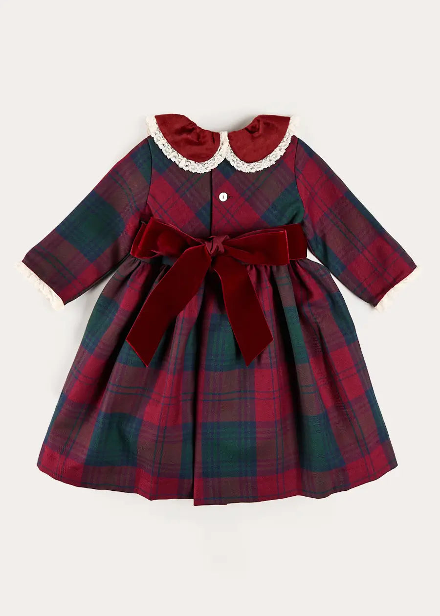 Grovesnor Tartan Lace Detail Velvet Bow Dress in Red (12mths-12yrs) Dresses from Pepa London US