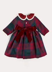 Grovesnor Tartan Lace Detail Velvet Bow Dress in Red (12mths-12yrs) Dresses from Pepa London US