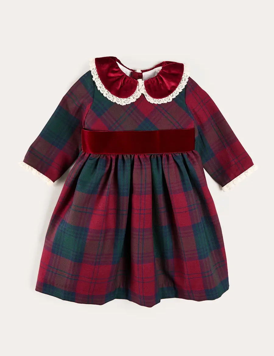 Grosvenor Tartan Lace Detail Velvet Bow Dress in Red (12mths-12yrs) Dresses from Pepa London US