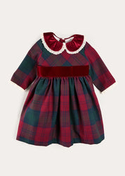 Grovesnor Tartan Lace Detail Velvet Bow Dress in Red (12mths-12yrs) Dresses from Pepa London US