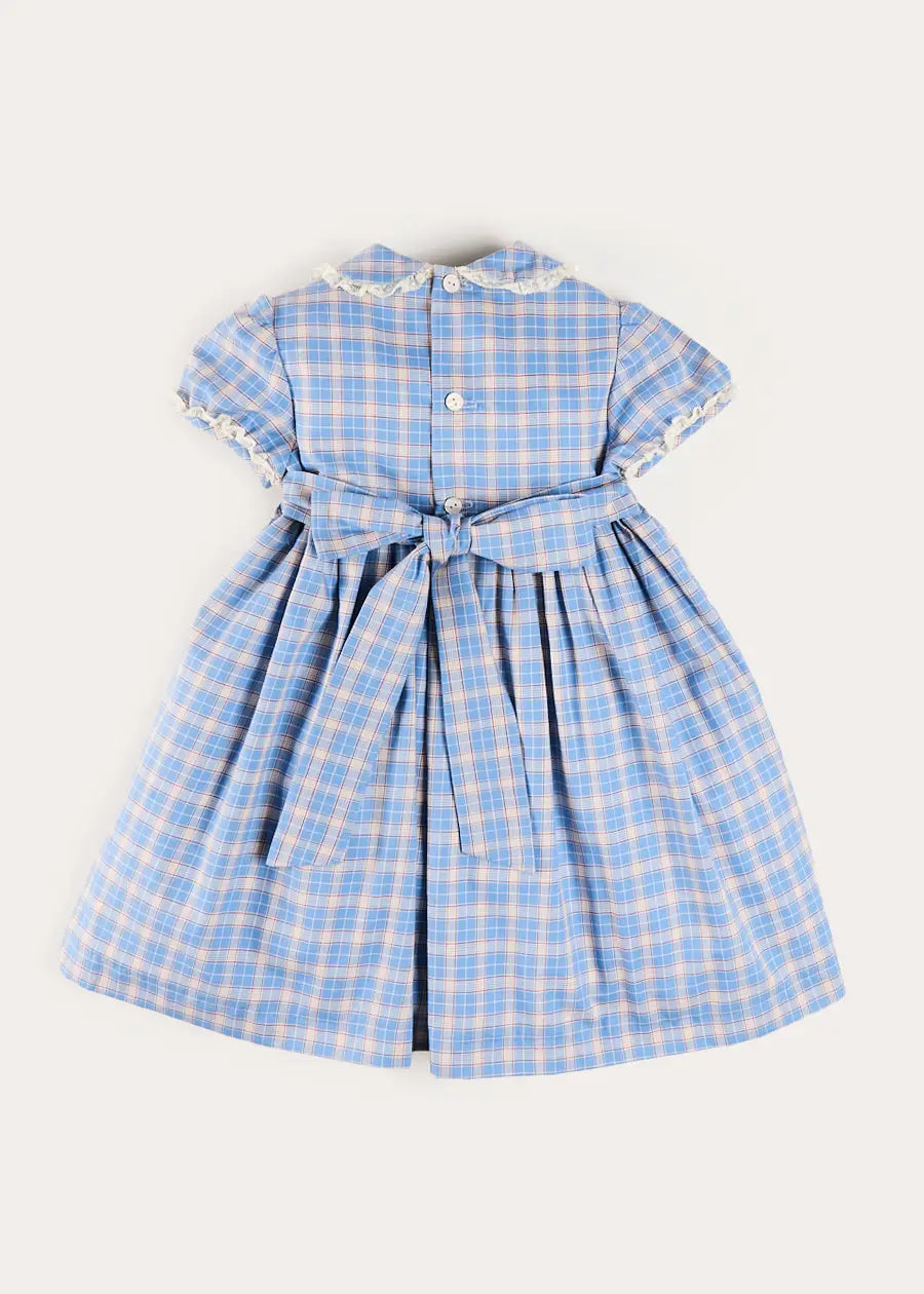 Denby Check Hand Smocked Double Breasted Short Sleeve Dress in Blue (12mths-10yrs) Dresses from Pepa London US
