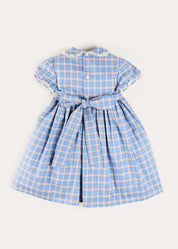 Denby Check Hand Smocked Double Breasted Short Sleeve Dress in Blue (12mths-10yrs) Dresses from Pepa London US
