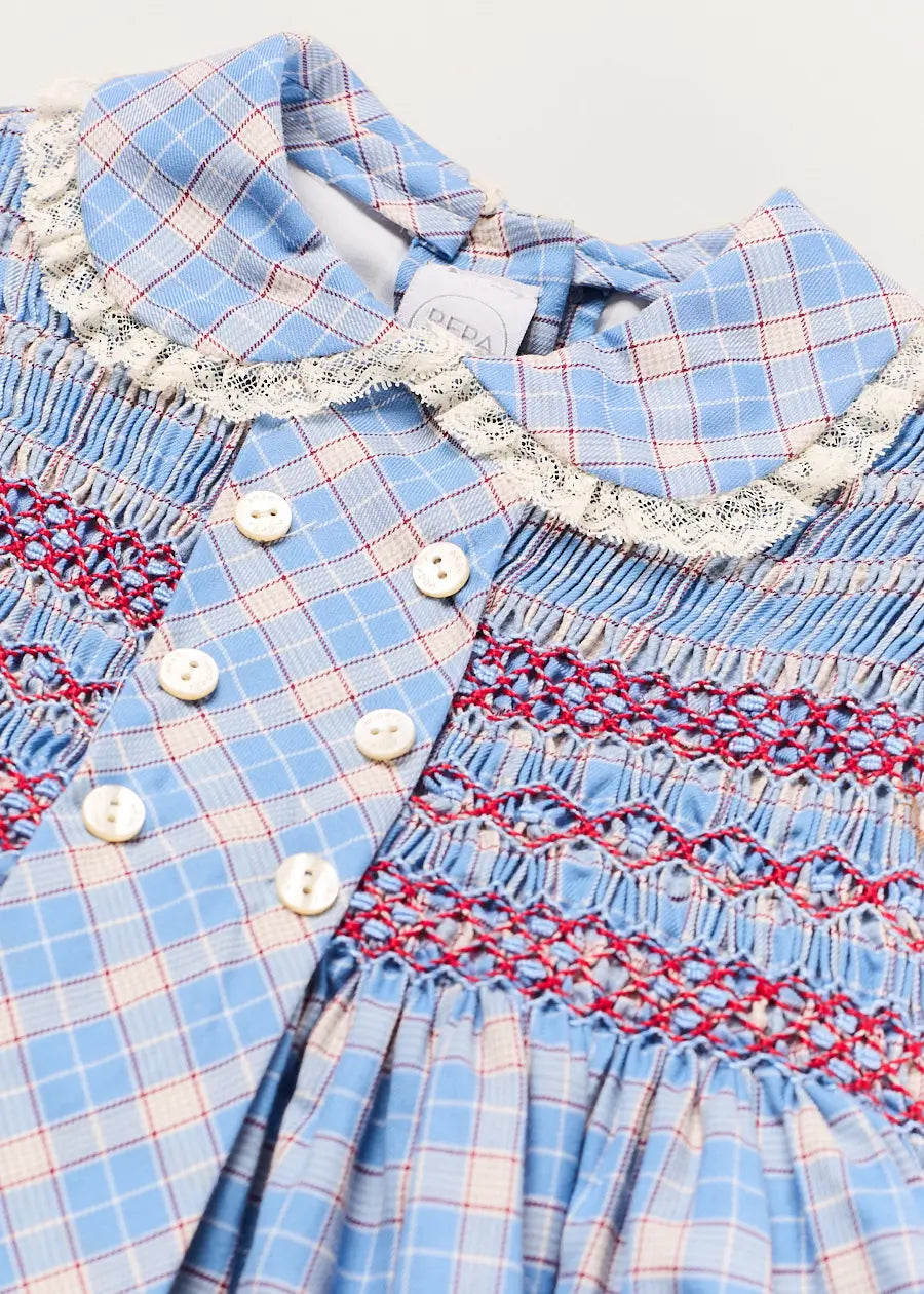 Denby Check Hand Smocked Double Breasted Short Sleeve Dress in Blue (12mths-10yrs) Dresses from Pepa London US