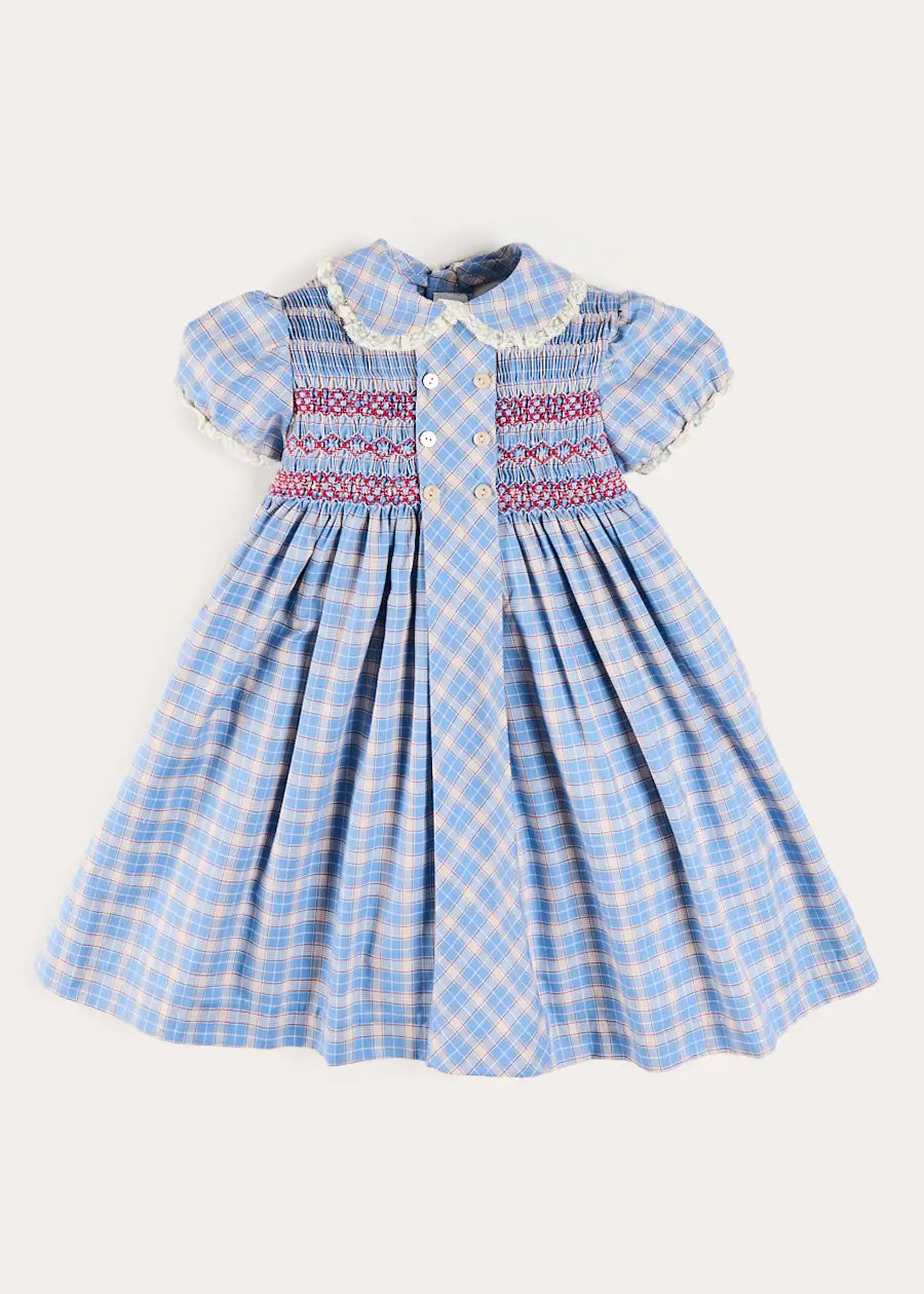 Denby Check Hand Smocked Double Breasted Short Sleeve Dress in Blue (12mths-10yrs) Dresses from Pepa London US