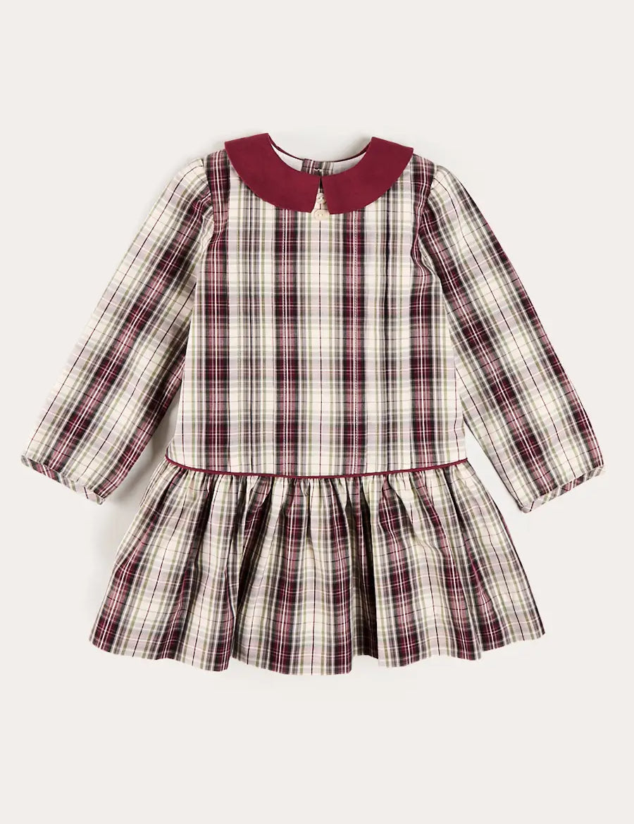Whittaker Check Long Sleeve Pleated Dress in Burgundy (18mths-12yrs) Dresses from Pepa London US