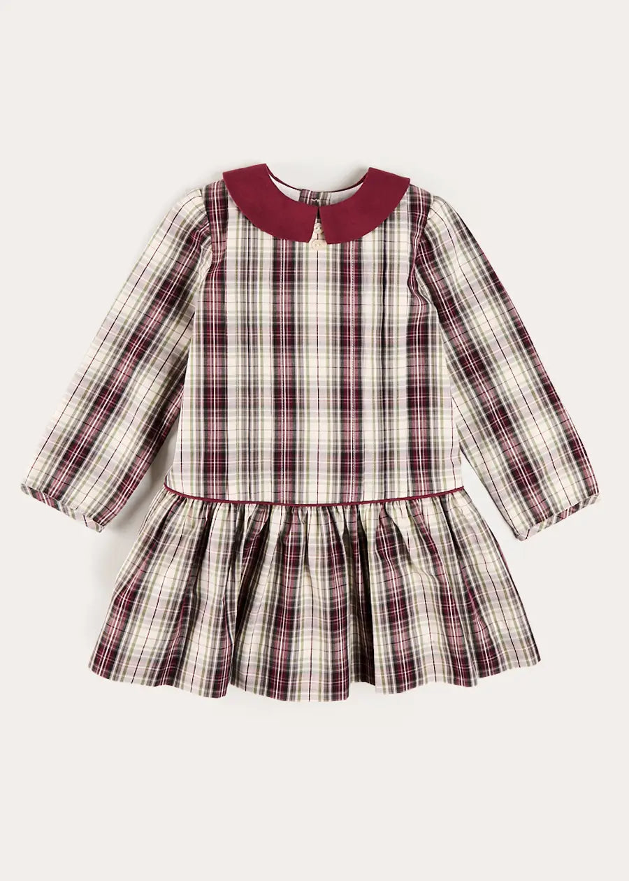 Whittaker Check Long Sleeve Pleated Dress in Burgundy (18mths-12yrs) Dresses from Pepa London US
