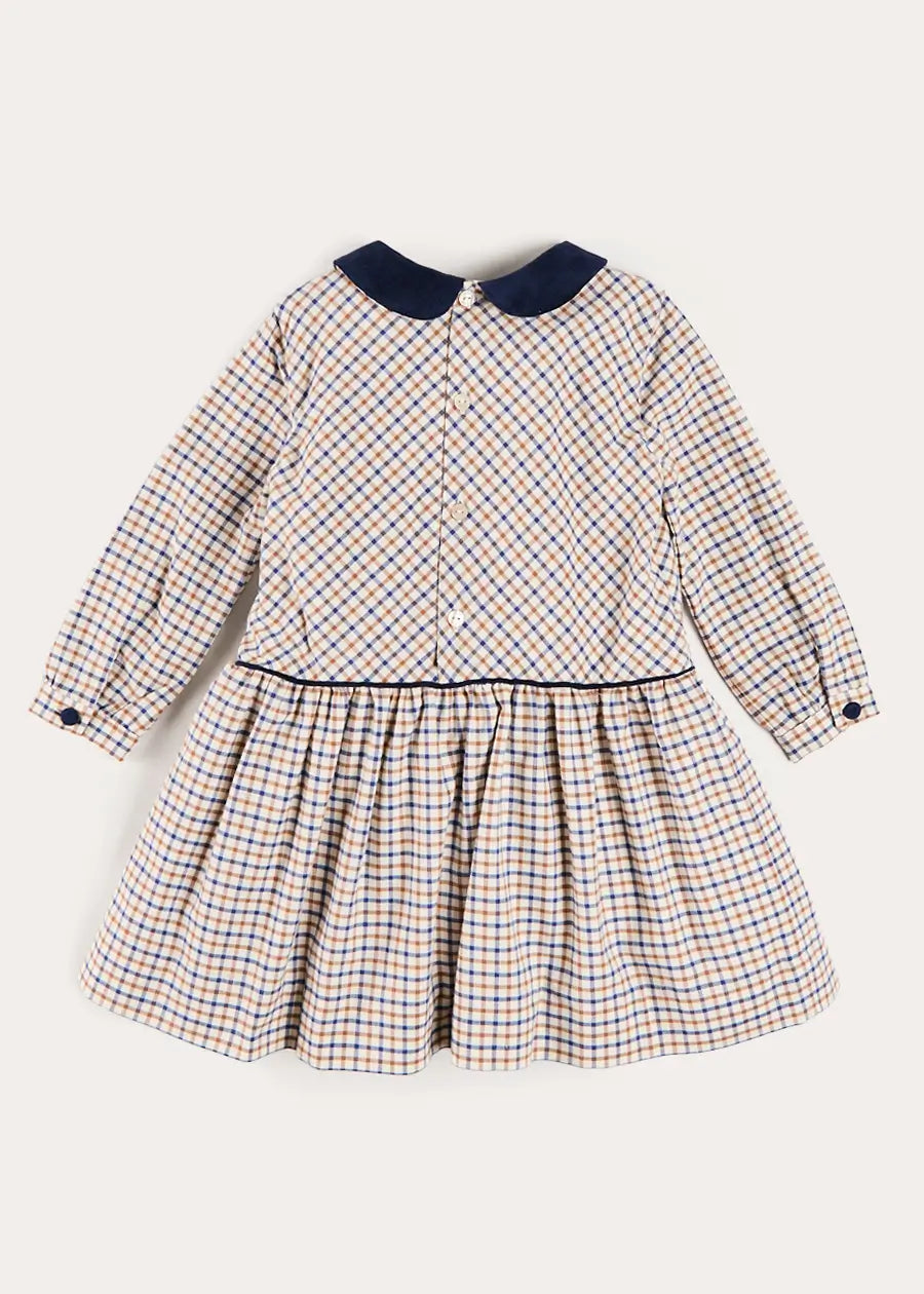 Thirleby Check Velvet Collar Button Detail Long Sleeve Dress in Camel (18mths-12yrs) Dresses from Pepa London US