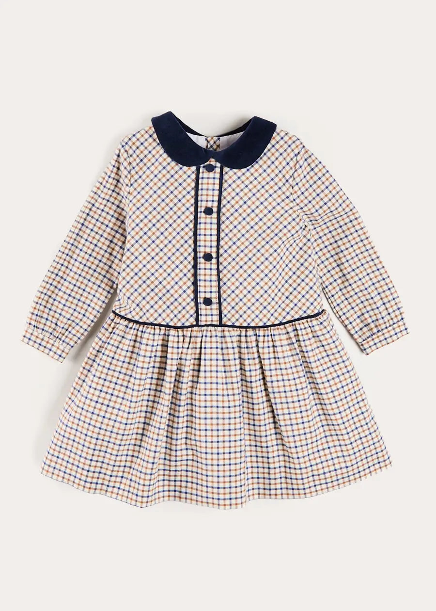 Thirleby Check Velvet Collar Button Detail Long Sleeve Dress in Camel (18mths-12yrs) Dresses from Pepa London US