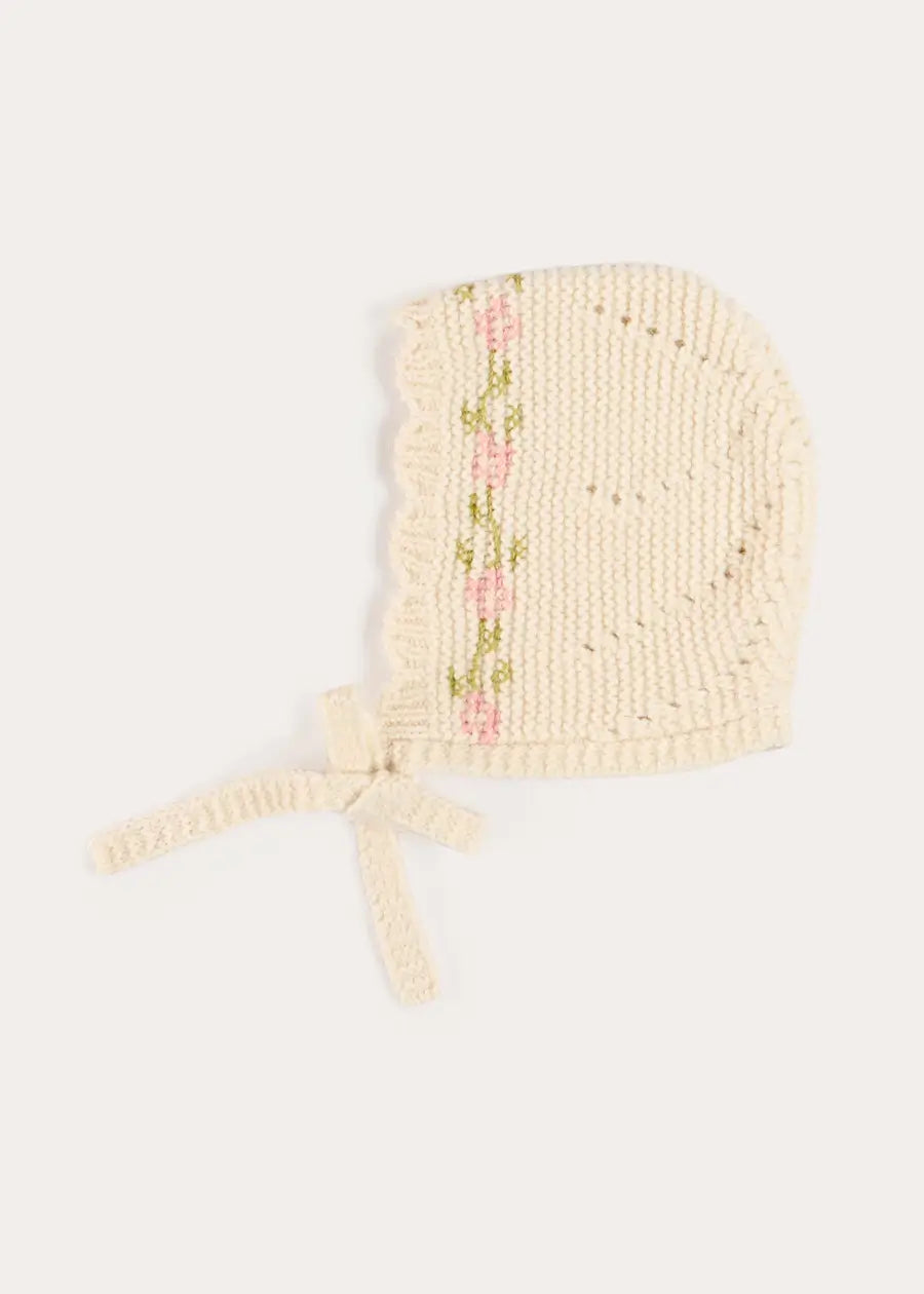 Alpaca Wool Floral Embroidered Bonnet in Cream (S-L) Bonnets from Pepa London US