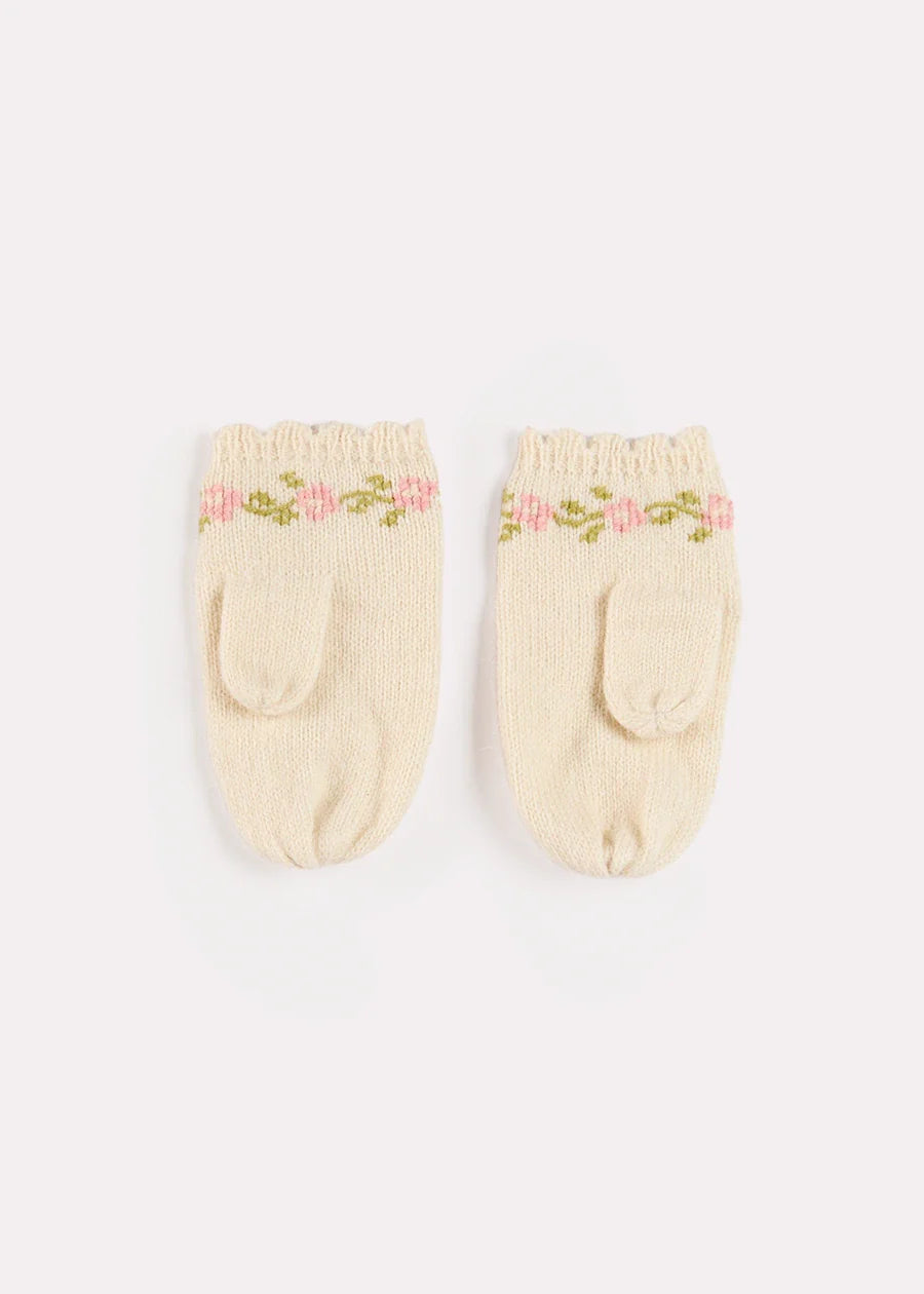 Alpaca Wool Flower Embroidered Mittens in Cream (S-L) Knitted Accessories from Pepa London US